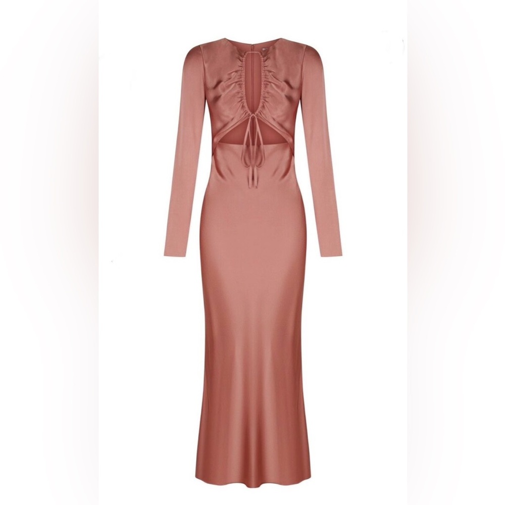 NWT Shona Joy Angelica Long Sleeve Cut Out Front Midi Dress - Rouge Satin - Picture 5 of 7